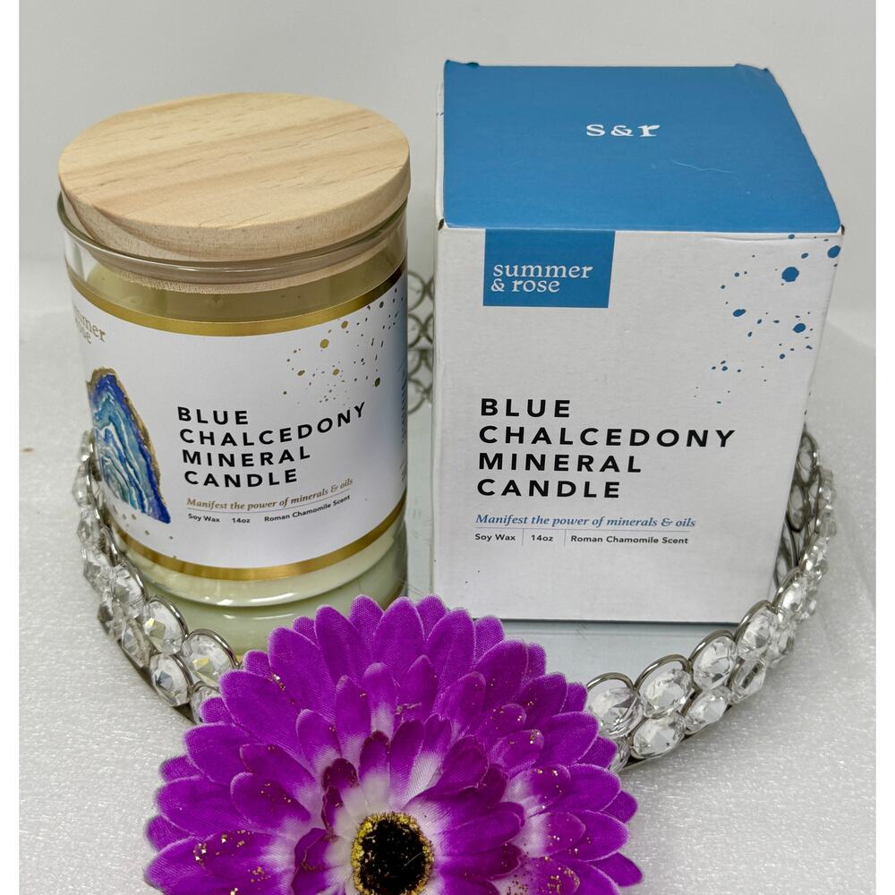 Summer & Rose Blue Chalcedony Mineral Candle 14oz – Roman Chamomile Scent
